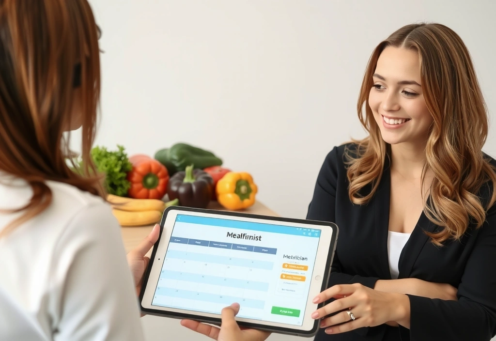 Eine lächelnde Frau spricht mit einer Ernährungsberaterin in einer modernen Praxis, während sie gemeinsam einen Ernährungsplan betrachten.