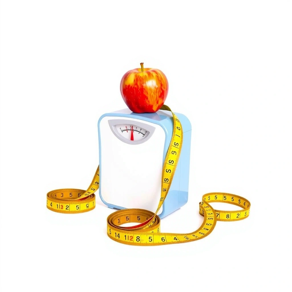 Eine Waage mit einem Apfel und einem Maßband, symbolisierend Gewichtsverlust und gesunde Lebensweise.